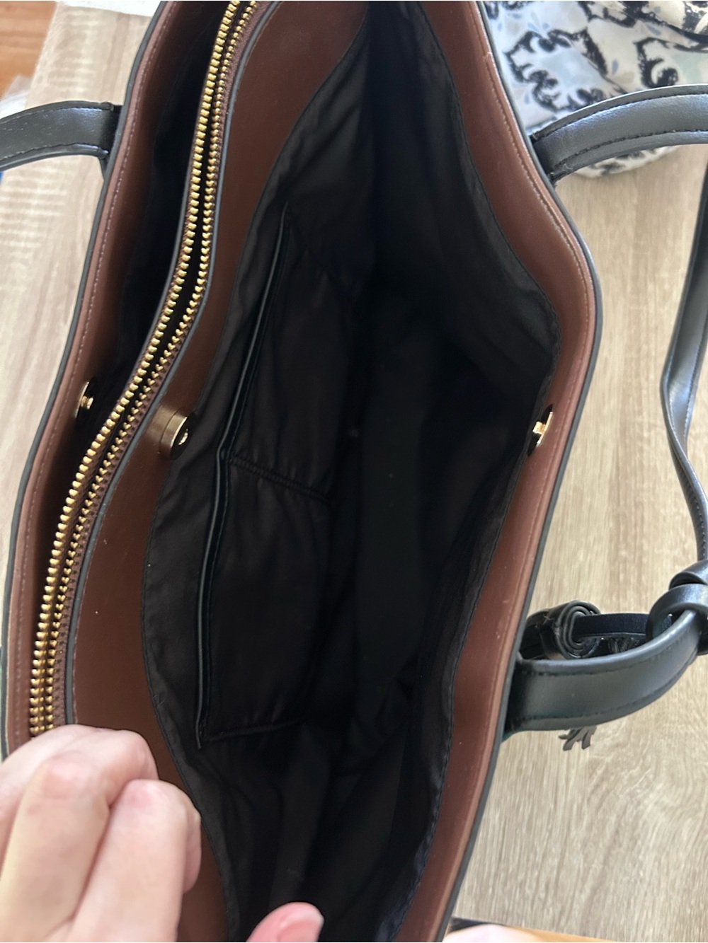 Nine West Brown Monogram Tote with Black Handles and Tassel - Picture 3 of 5